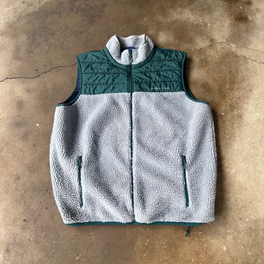 Vineyard Vines Fleece Vest Mens XL Grey Green Excellent Quilted Sherpa Full Zip